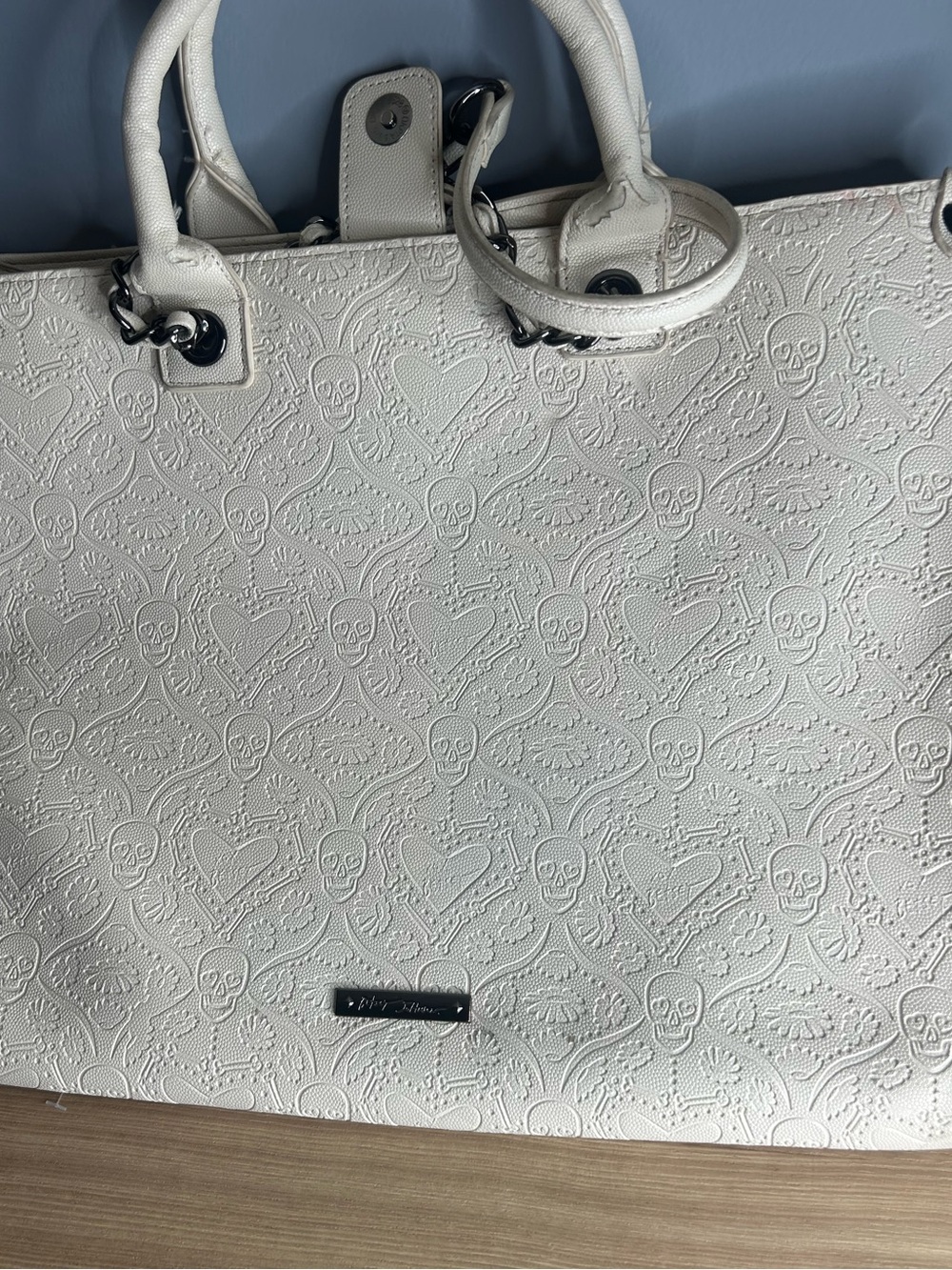 Betsey Johnson White Embossed Heart & Skull Tote Purse